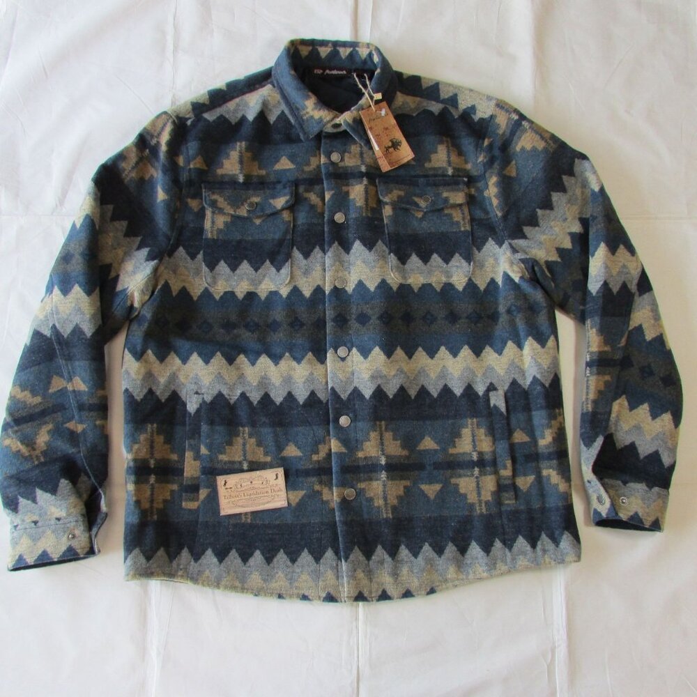 Montana Co. Men's LG Aztec Print Snap Shirt Jacket Shacket Blue